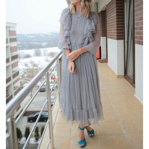 PNK gray silk dress with ruffles size 34/xs midi maxi long sleeve romantic‎